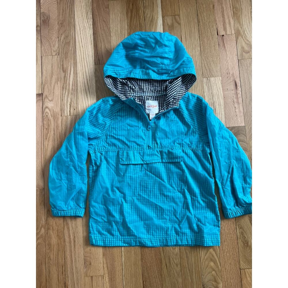 Cat & Jack Blue Teal Buffalo Check Pullover Anorak Rain Jacket (Size XS & S)
